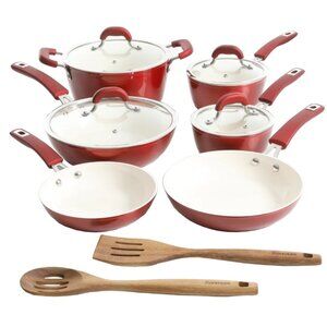 Kitchen Aid Cucina Nonstick Cookware Pots and Pans Set, 12 Piece, Cranberry Red